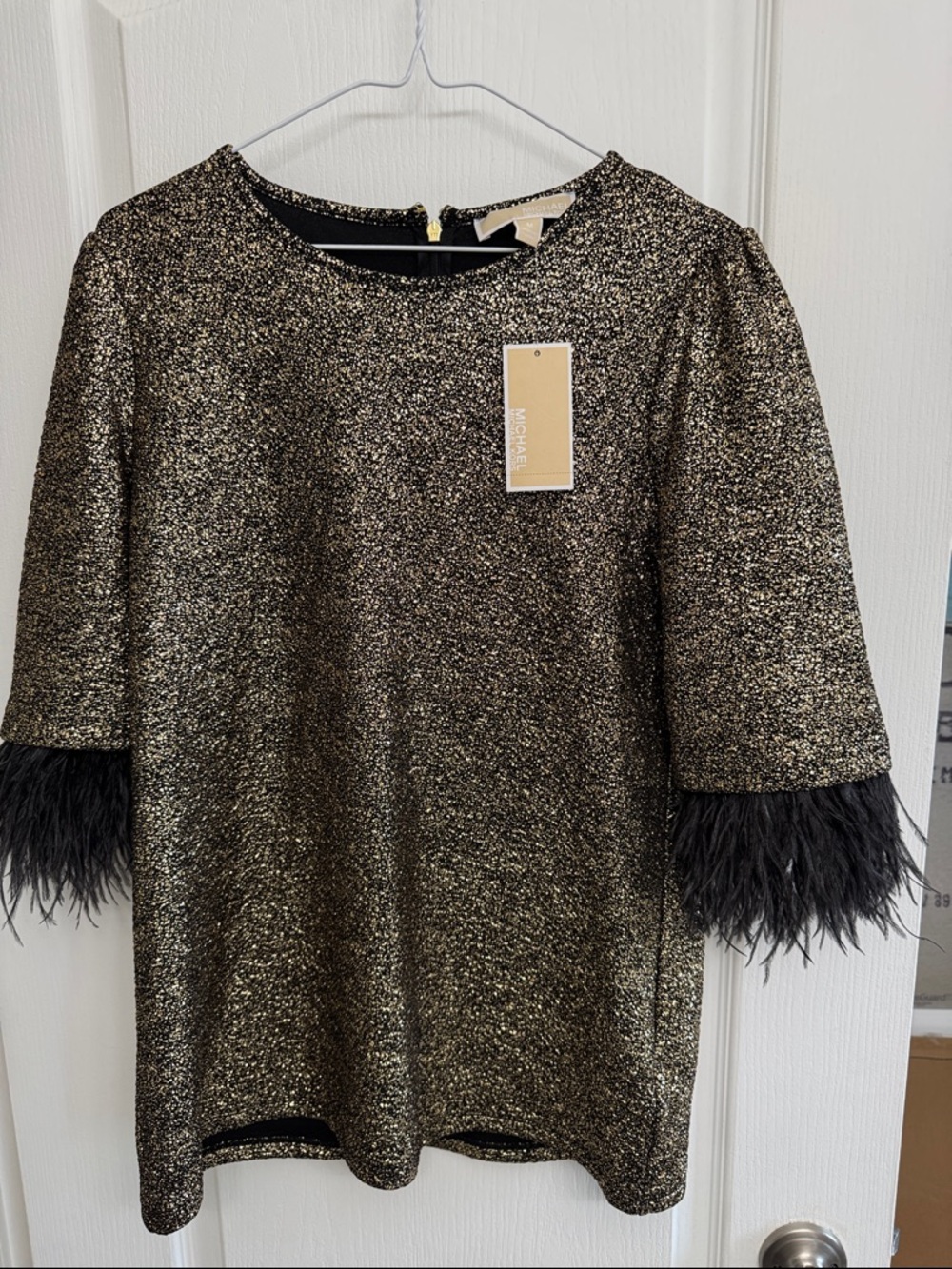 MICHAEL Michael Kors Metallic Gold & Black Feather-Trim Top Size M NWTs